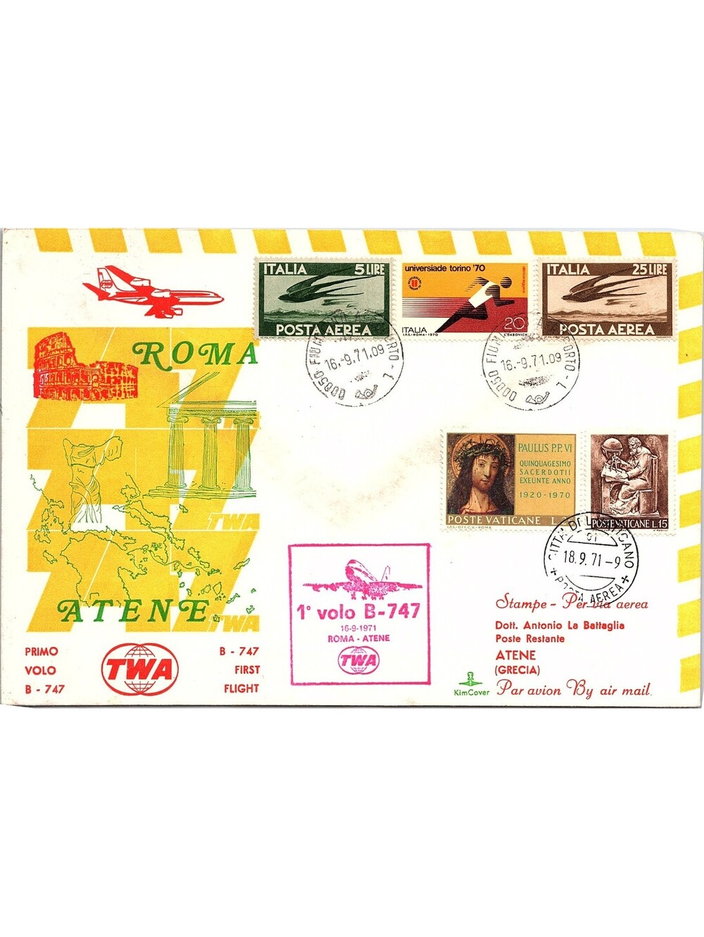 FIRST FLIGHT TWA ROMA ATHENS or VATICAN CITY 1971 TWA FIRST FLIGHT B-747 ROME TO
